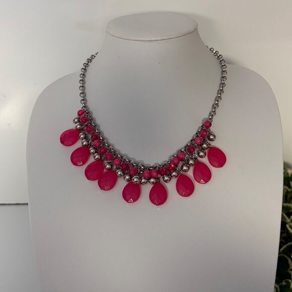 Hot Pink Teardrop Bib Necklace Silver Tone Chain Beaded Statement Jewelry - Picture 7 of 7